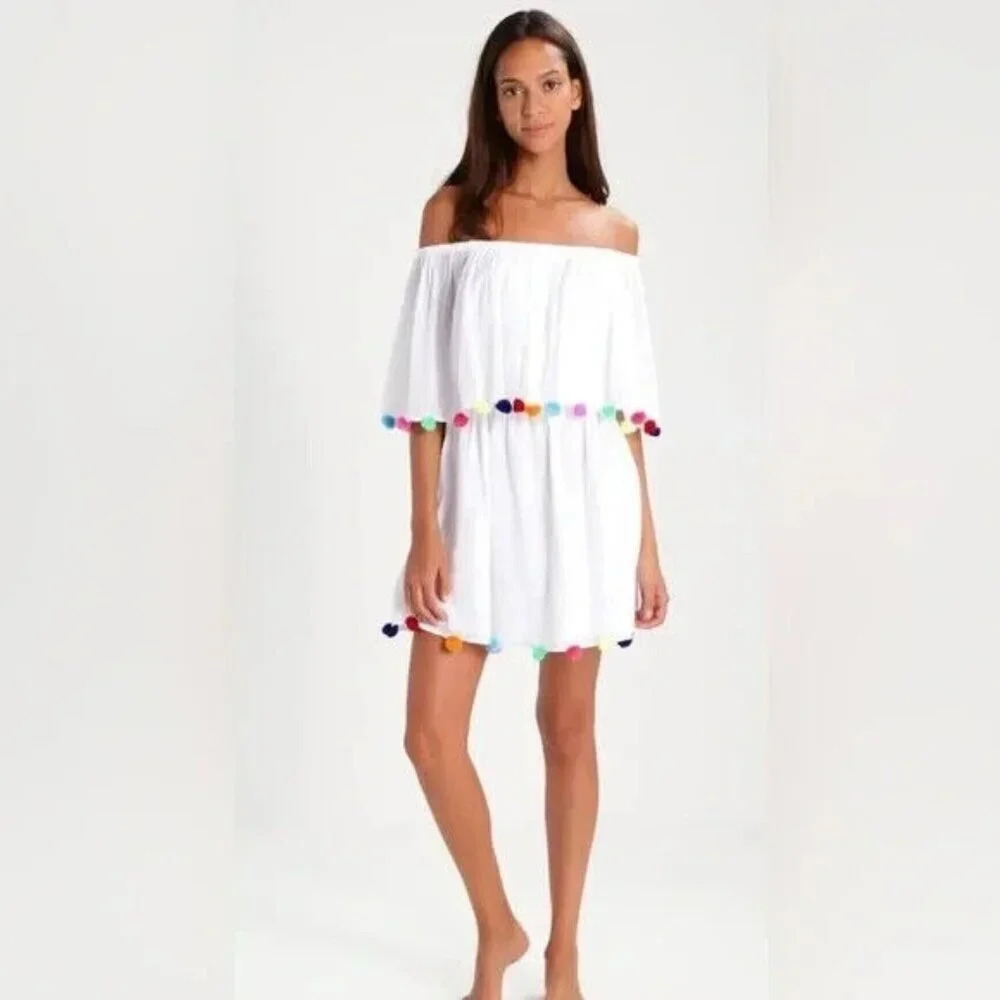 Pitusa White Off-Shoulder Swim Coverup with Multicolor Pom Poms